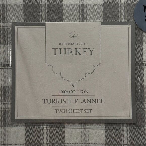 TURKISH COTTON 3 PIECE TWIN SHEET SET - Flannel 100% Cotton Gray/White - NWT - Picture 5 of 5